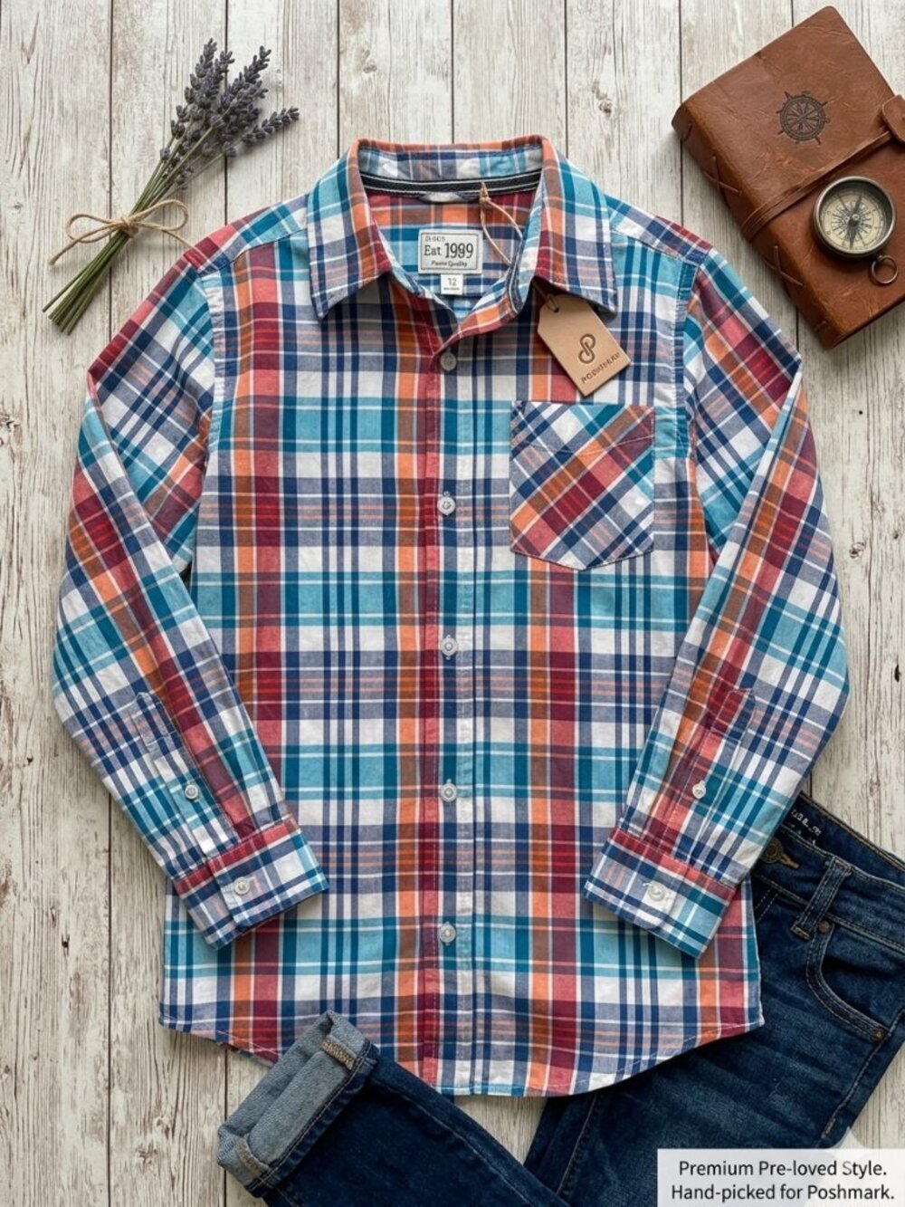 Plaid Button-Down Shirt in Blue & Red - Children’s Place Boys Size 10/12